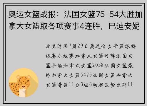 奥运女篮战报：法国女篮75-54大胜加拿大女篮取各项赛事4连胜，巴迪安妮13+6